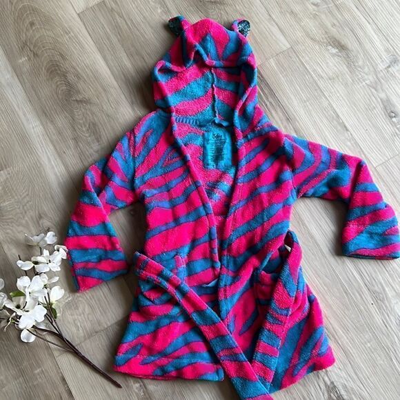 Justice Girls Fleece Cotton Hooded Robe Animal Print Sparkle Ears Size 5 - Picture 1 of 4